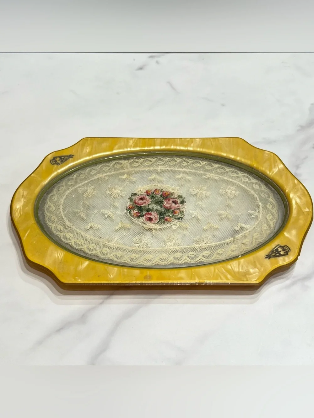 Vintage 1920s Art Deco Celluloid Vanity Dresser Tray Petit-Point Floral Motif